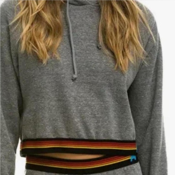 Aviator Nation Gray Hoodie with Striped Hem - Picture 1 of 6